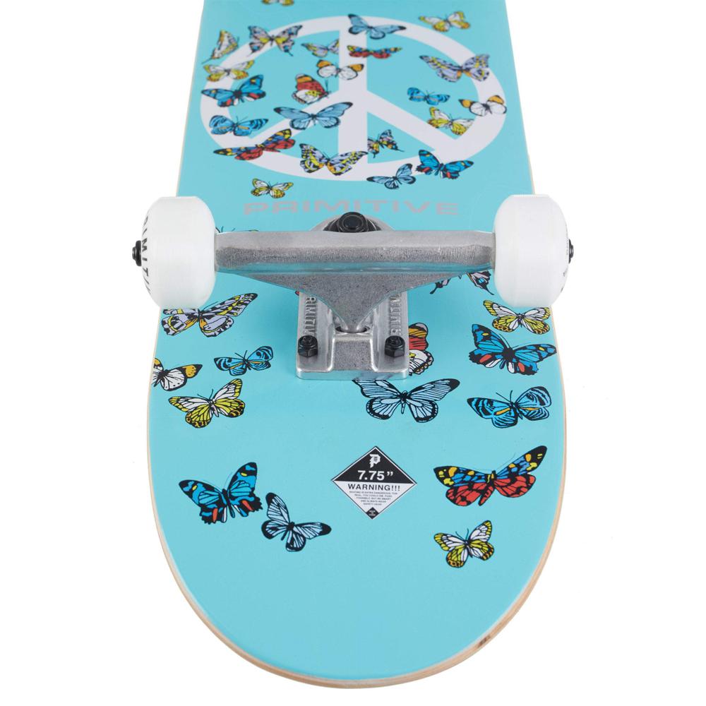 Skateboard with butterfly design on a light blue background