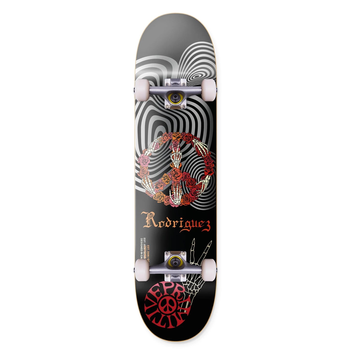Skateboard with decorative design and 'Rodriguez' branding on a white background