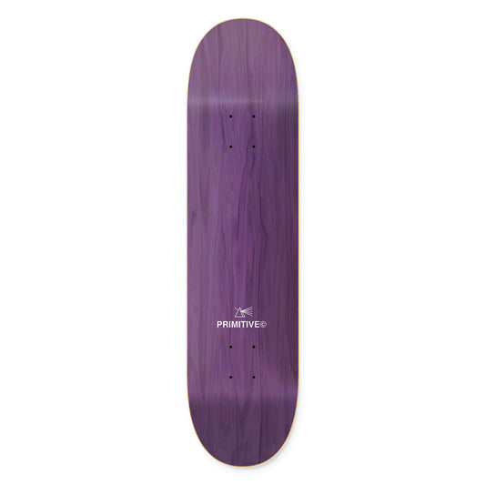 Purple skateboard deck with 'Primitive' logo on a white background