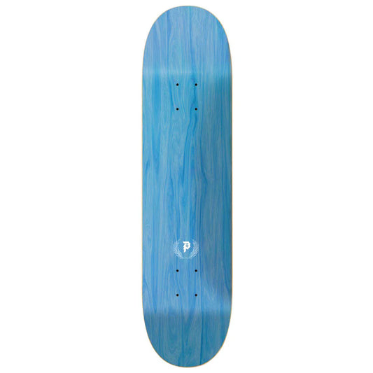 Blue skateboard deck with a logo on a white background