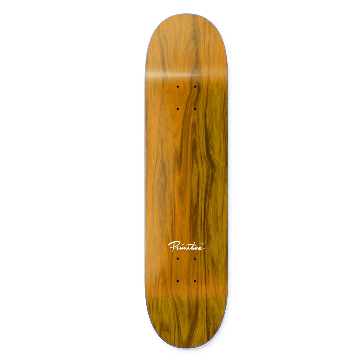 Wooden skateboard deck with a visible brand logo on a white background