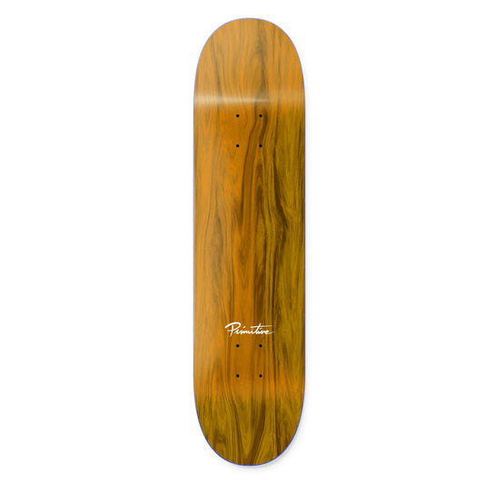 Wooden skateboard deck with a visible brand logo on a white background