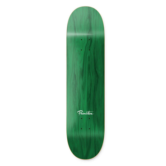 Green skateboard deck with a visible brand logo on a white background