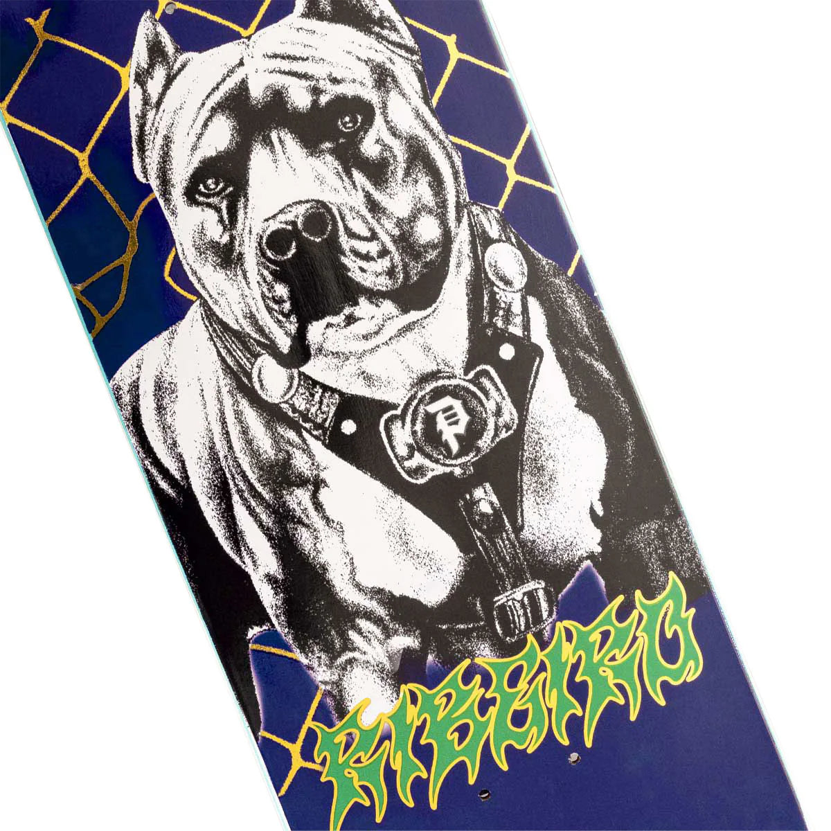 Skateboard deck with a graphic of a dog and the brand name 'Kreedom' on a blue background.