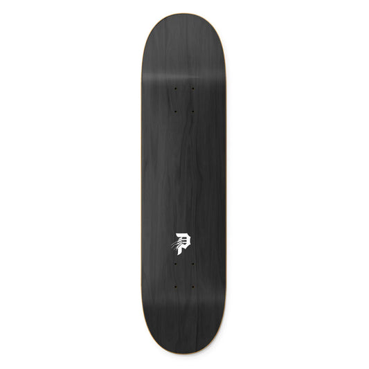 Black skateboard deck with a white logo on a white background