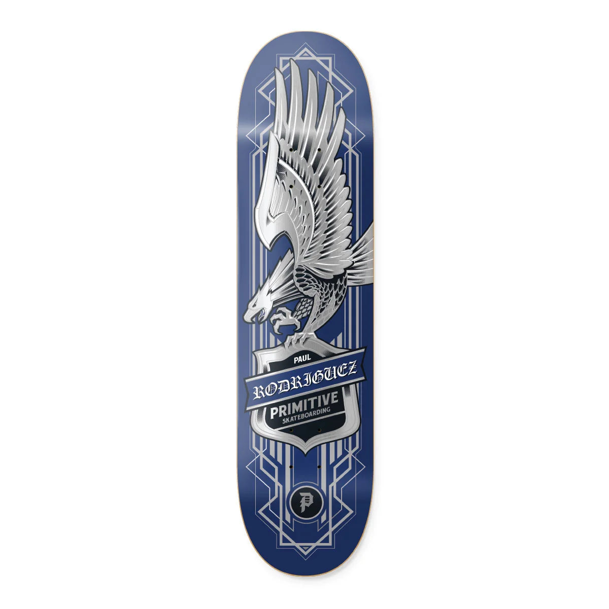 A skateboard deck featuring a dark blue background with a large silver eagle graphic and geometric line art. The text 'PART.