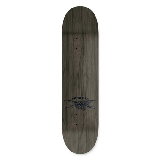 Wooden skateboard deck with a logo on a white background