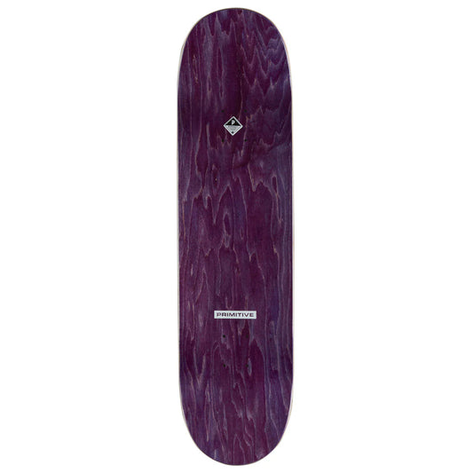 Purple skateboard deck with a visible brand logo on a white background