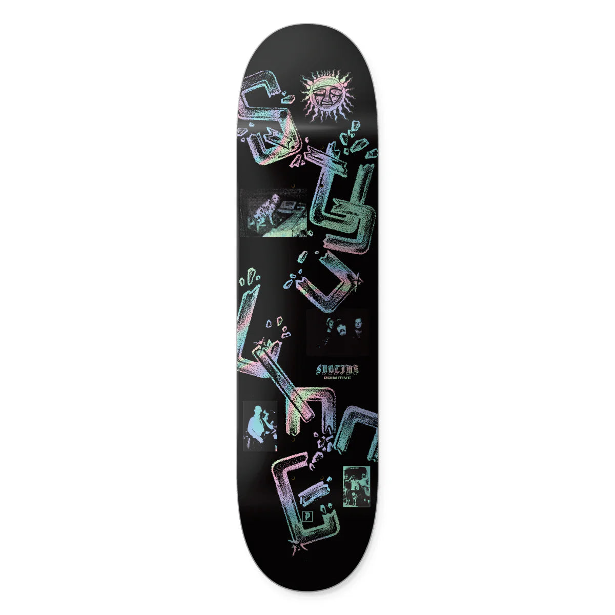 Skateboard deck with colorful abstract design on a black background