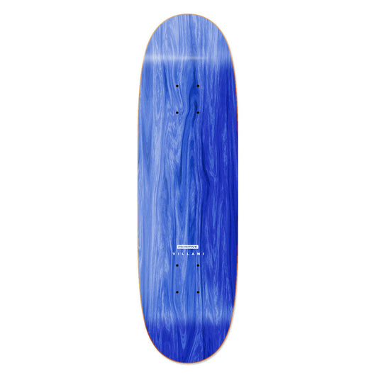 Blue skateboard deck with a visible brand logo on a white background
