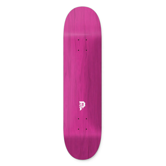 Pink skateboard deck with a logo on a white background
