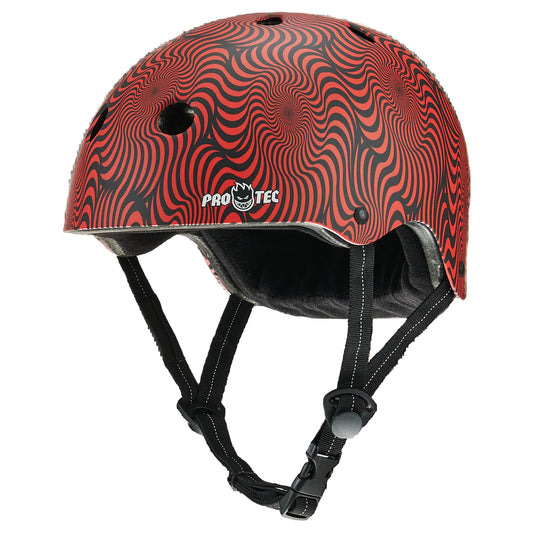 Red and black patterned helmet with 'Pro-Tec' branding on a white background