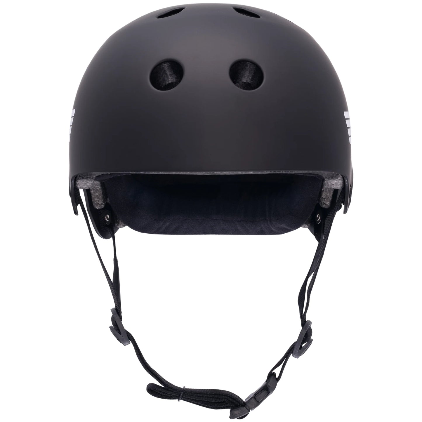 Black helmet with chin strap on a white background