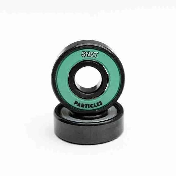 Two skateboard bearings with 'SNOT Particles' branding on a white background