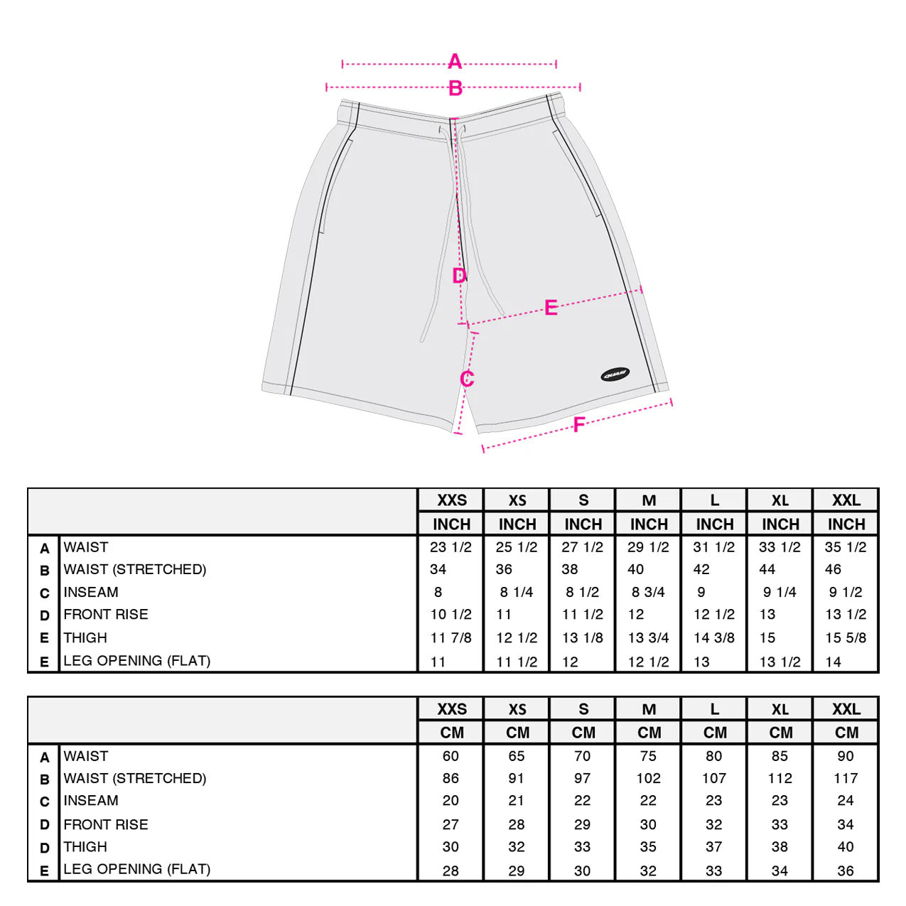 Measurement chart for shorts with a white background