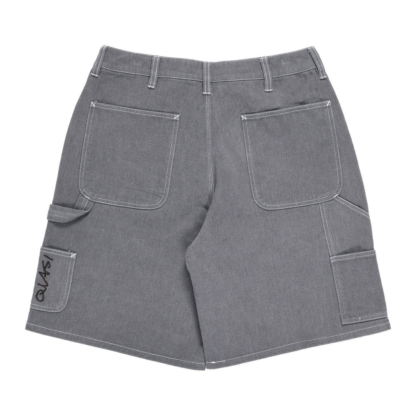 Gray cargo shorts with multiple pockets on a white background