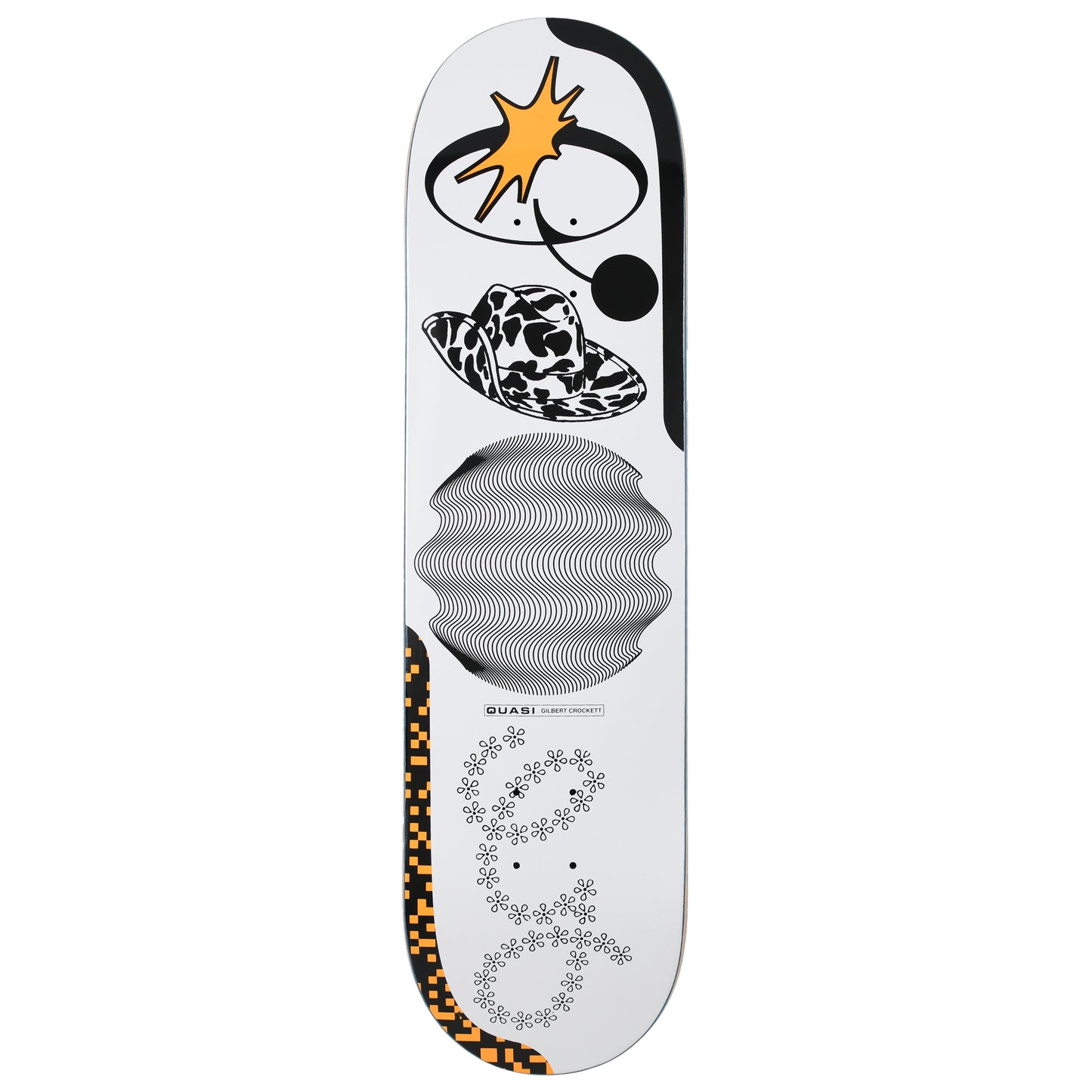 Skateboard deck with artistic designs on a white background