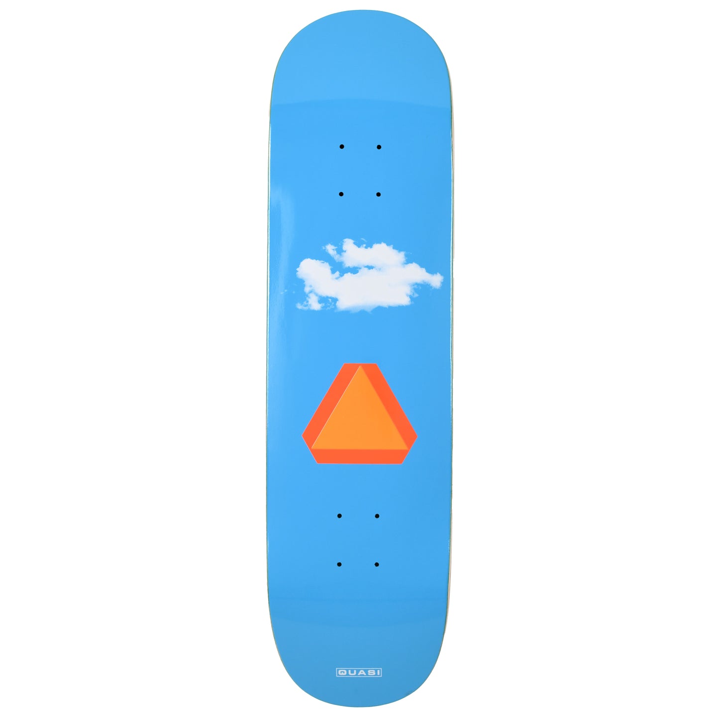 Skateboard deck with blue background, orange triangle, and white cloud design on a white background