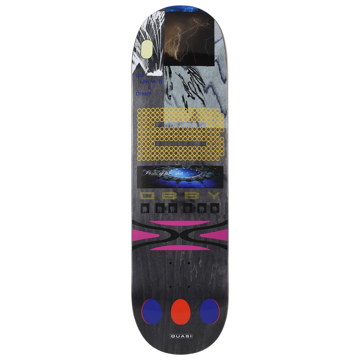 Skateboard deck with colorful design on a white background