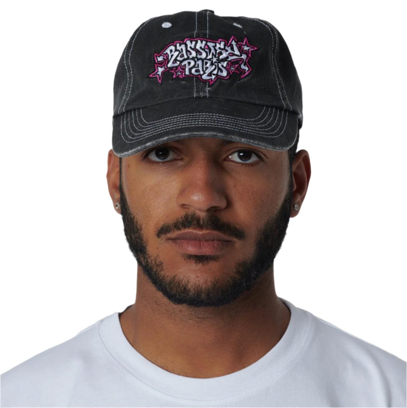 Gray and pink baseball cap
