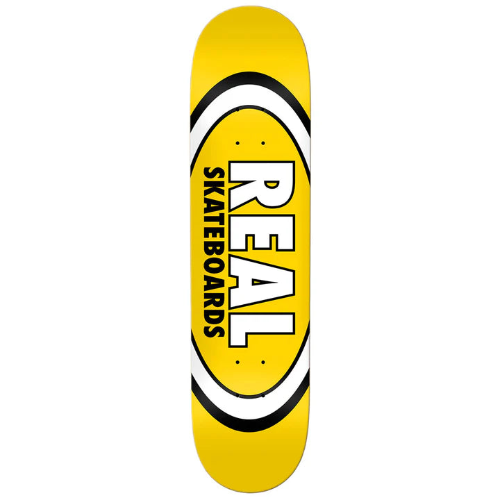 Yellow skateboard deck with 'Real Skateboards' logo on a white background