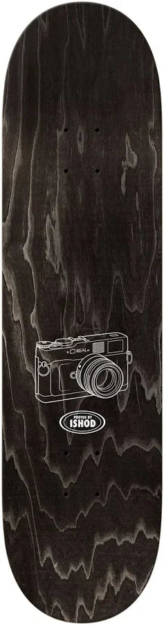 Skateboard deck with a camera graphic and 'ISHOD' branding on a black background