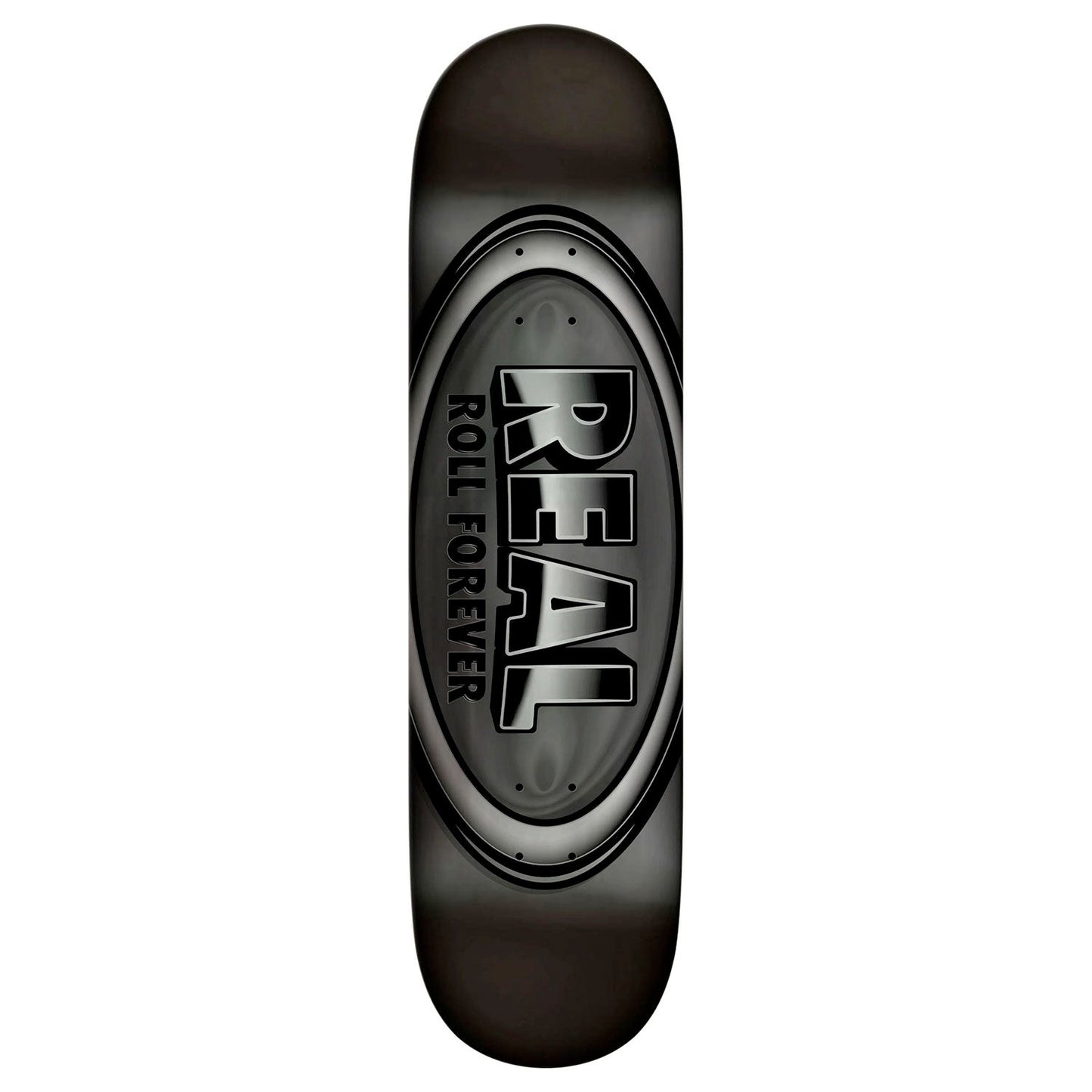 Black skateboard deck with 'Real' branding on a white background
