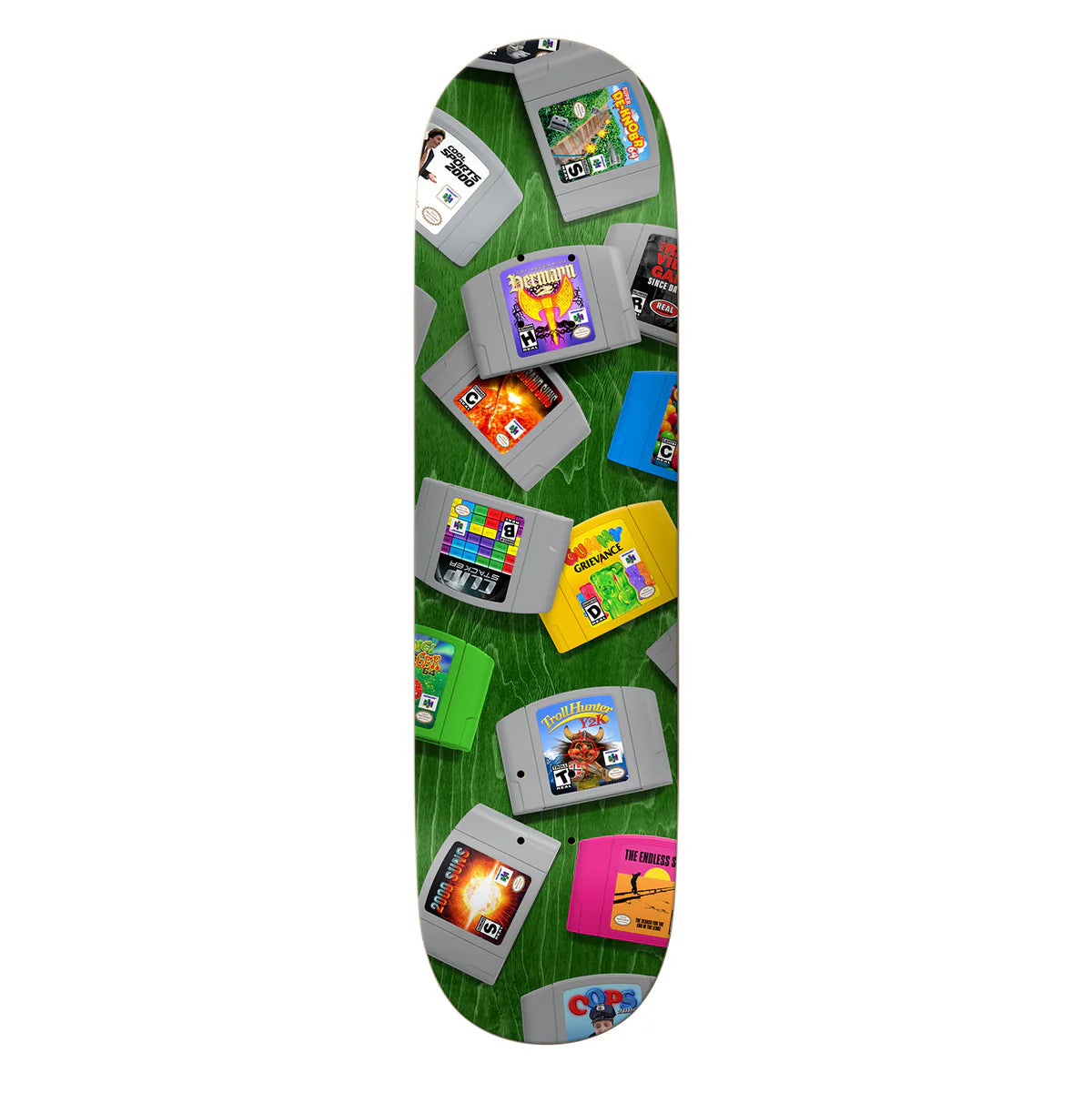 Skateboard deck with retro game cartridge design on a green background
