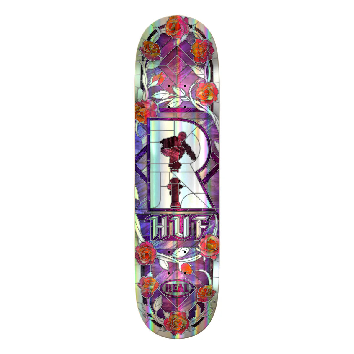 Colorful skateboard deck with floral patterns and a prominent 'HUF' logo on a white background