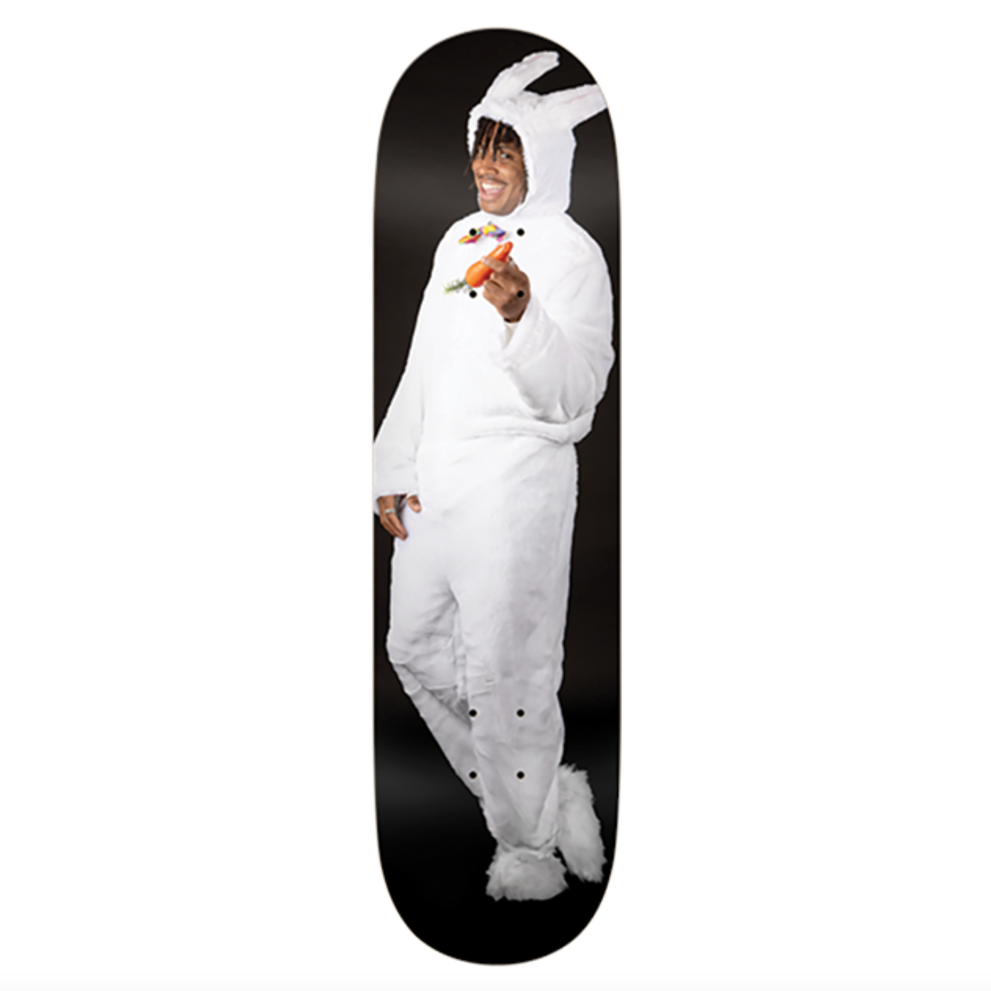 Person in a white bunny onesie standing on a skateboard deck with a white background