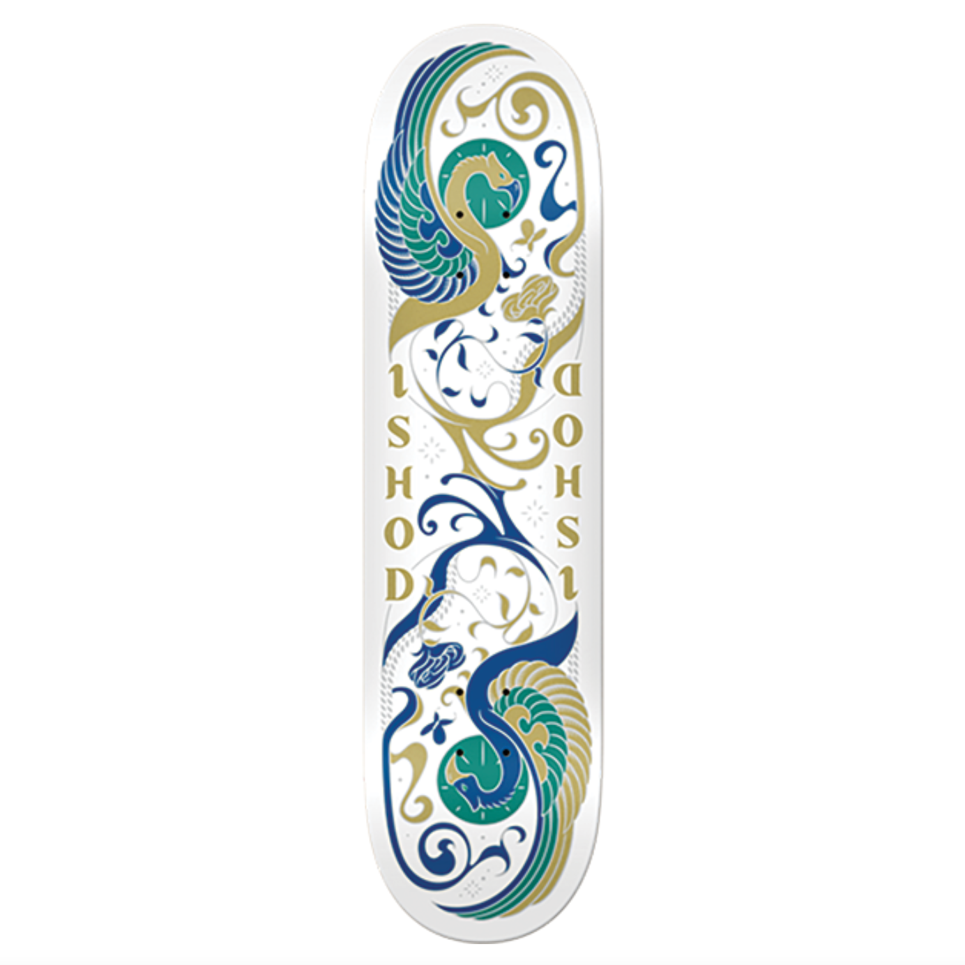 Skateboard deck with decorative design on a white background