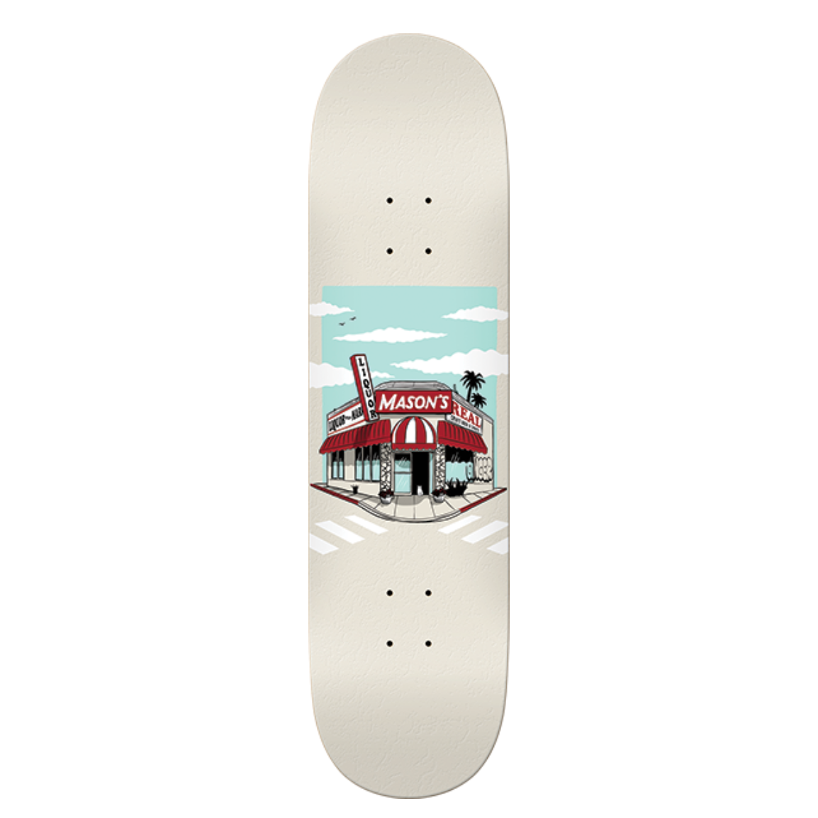 Skateboard deck with a printed design on a white background