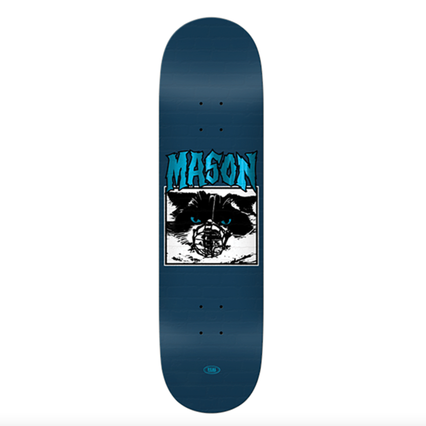 Blue skateboard deck with 'Mason' branding and a graphic design on a white background