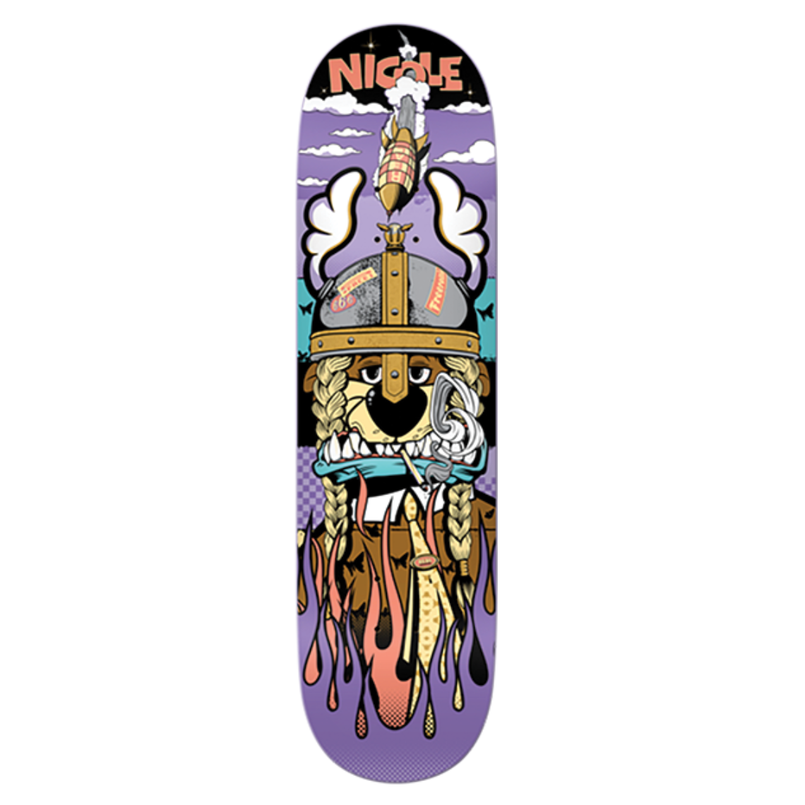 Skateboard deck with colorful design and 'Nicole' branding on a white background