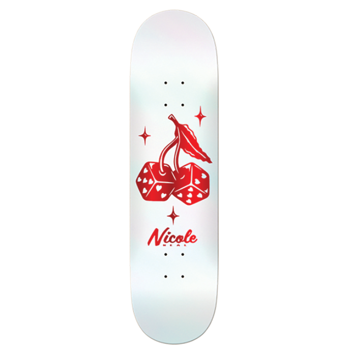 Skateboard deck with red dice and cherry design on a light blue background