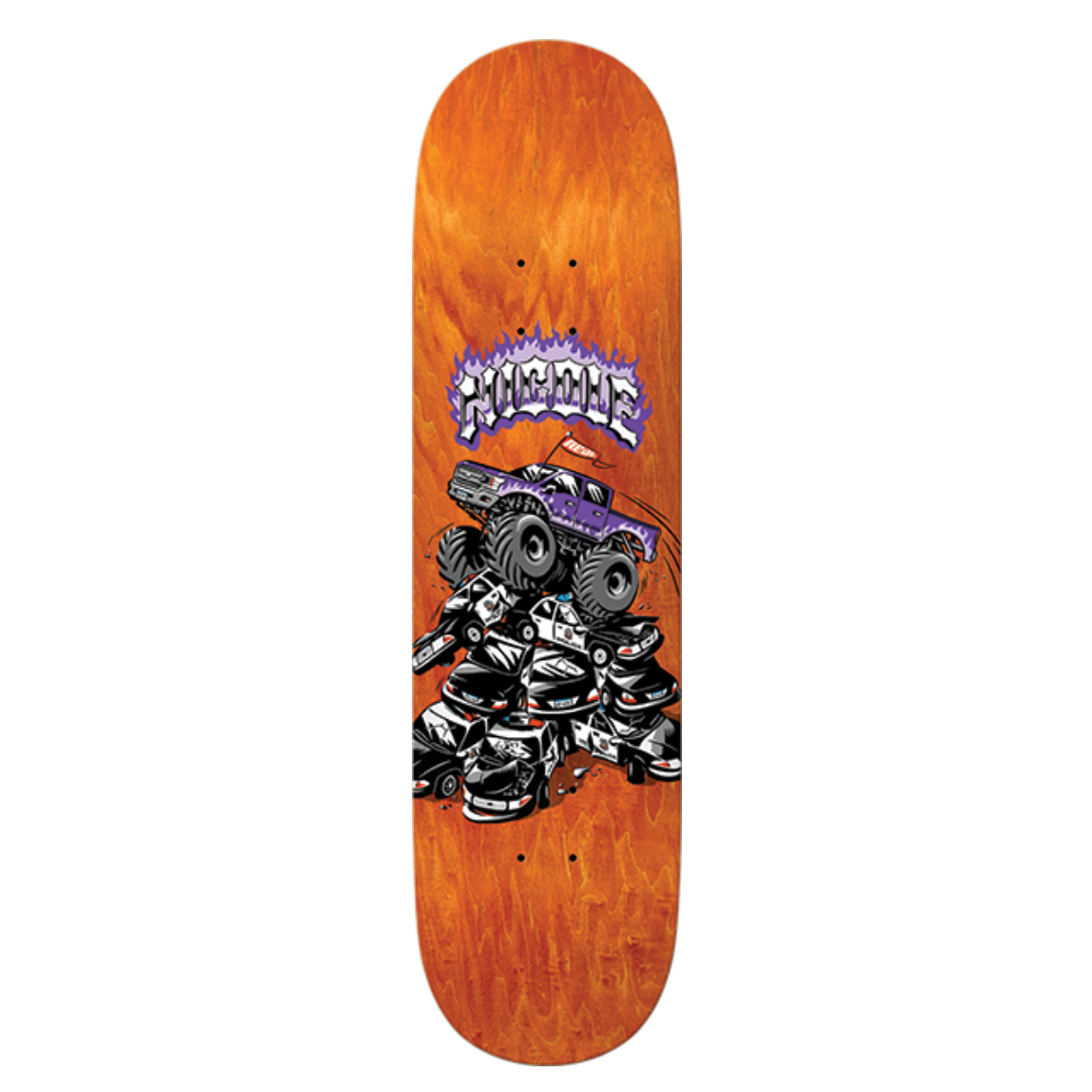 Skateboard deck with a graphic design on a white background
