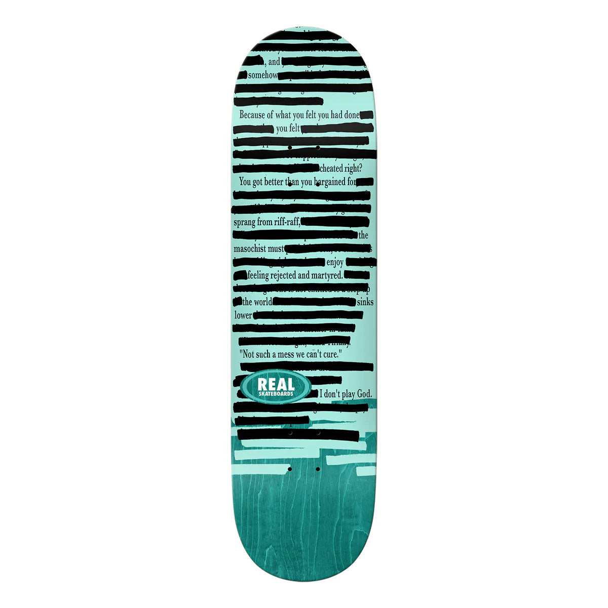 Skateboard deck with text design on a white background