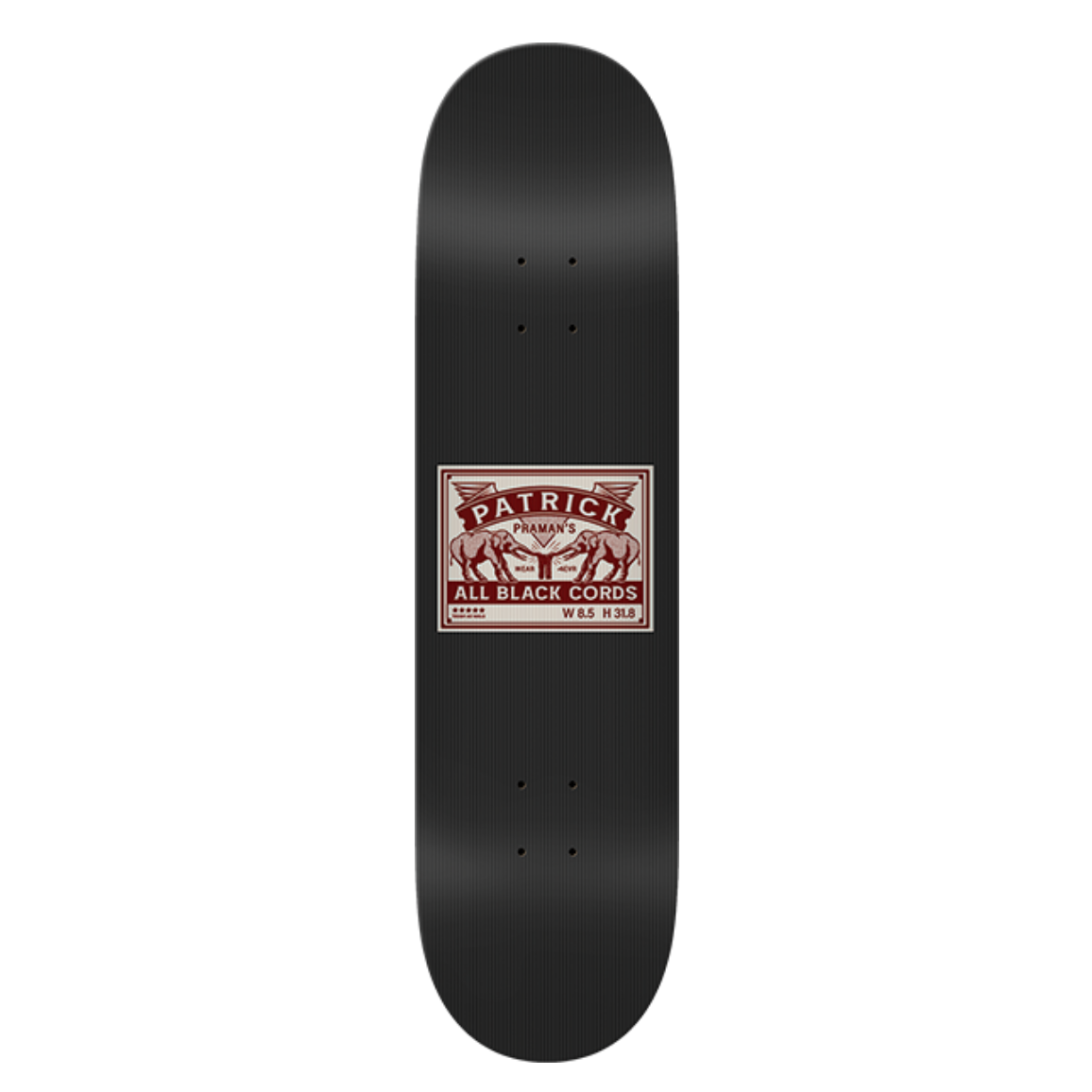 Black skateboard deck with a red and white label on a white background