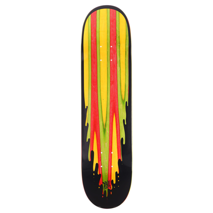 Skateboard deck with a colorful design on a white background