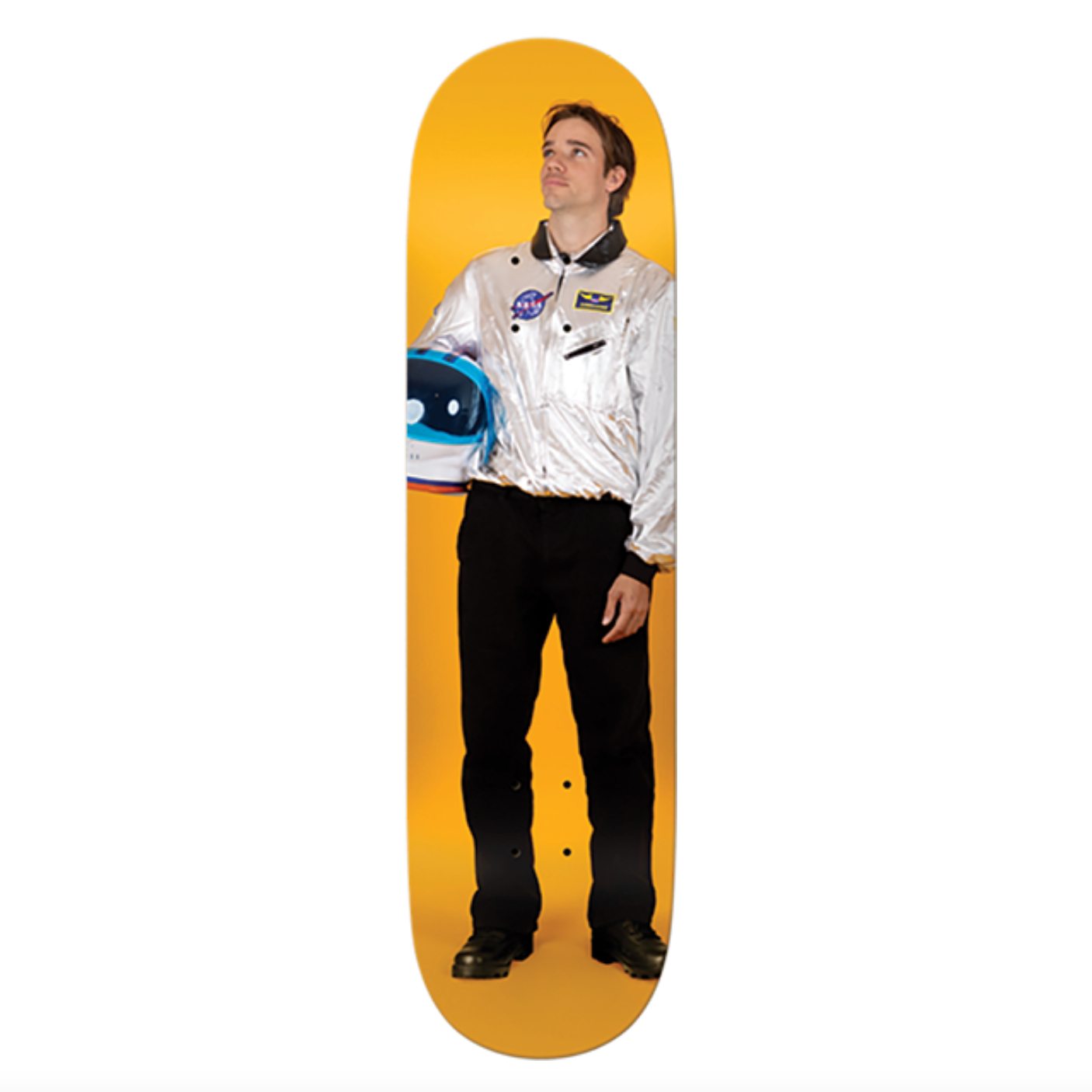 Skateboard with a design of a person in a space suit on a yellow background