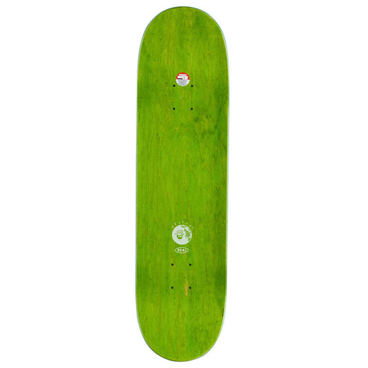 A bright green skateboard deck shown vertically against a plain white background, featuring a circular white graphic near the bottom and a small sticker near the top.