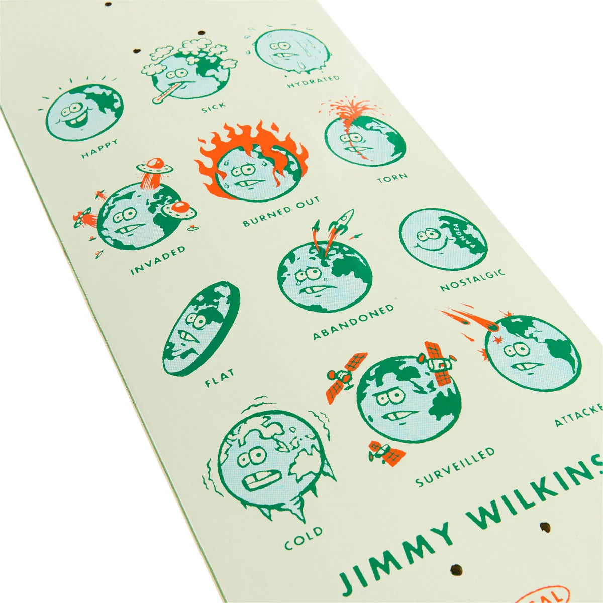 A close-up of a printed board or card featuring illustrated cartoon planets and text labels such as Happy, Sick, Hydrated, Burned Out, Invaded, Abandoned, Flat, Cold, and Surveilled. The board has a pale mint background with green and orange illustrations and the name 'JIMMY WILKINS' printed at the bottom.