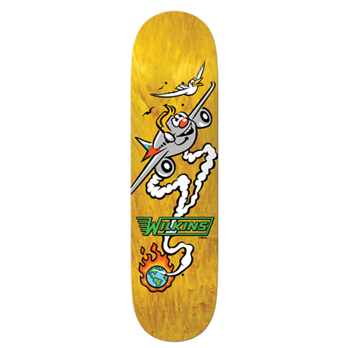 Skateboard deck with a colorful design on a white background
