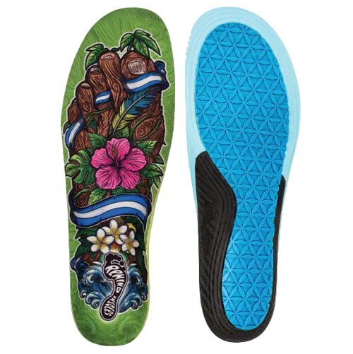 Colorful insole with tropical design and blue sole on a white background