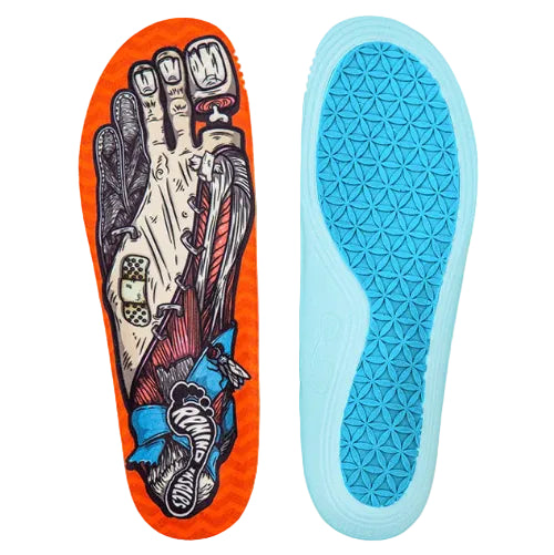 Colorful insole with artistic design on one side and blue textured sole on the other, on a white background.