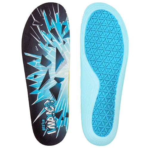 Blue and black athletic shoe insole with brand logo on a white background