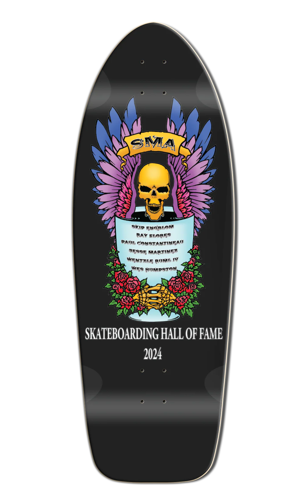 Skateboard deck with skull design and text on a black background