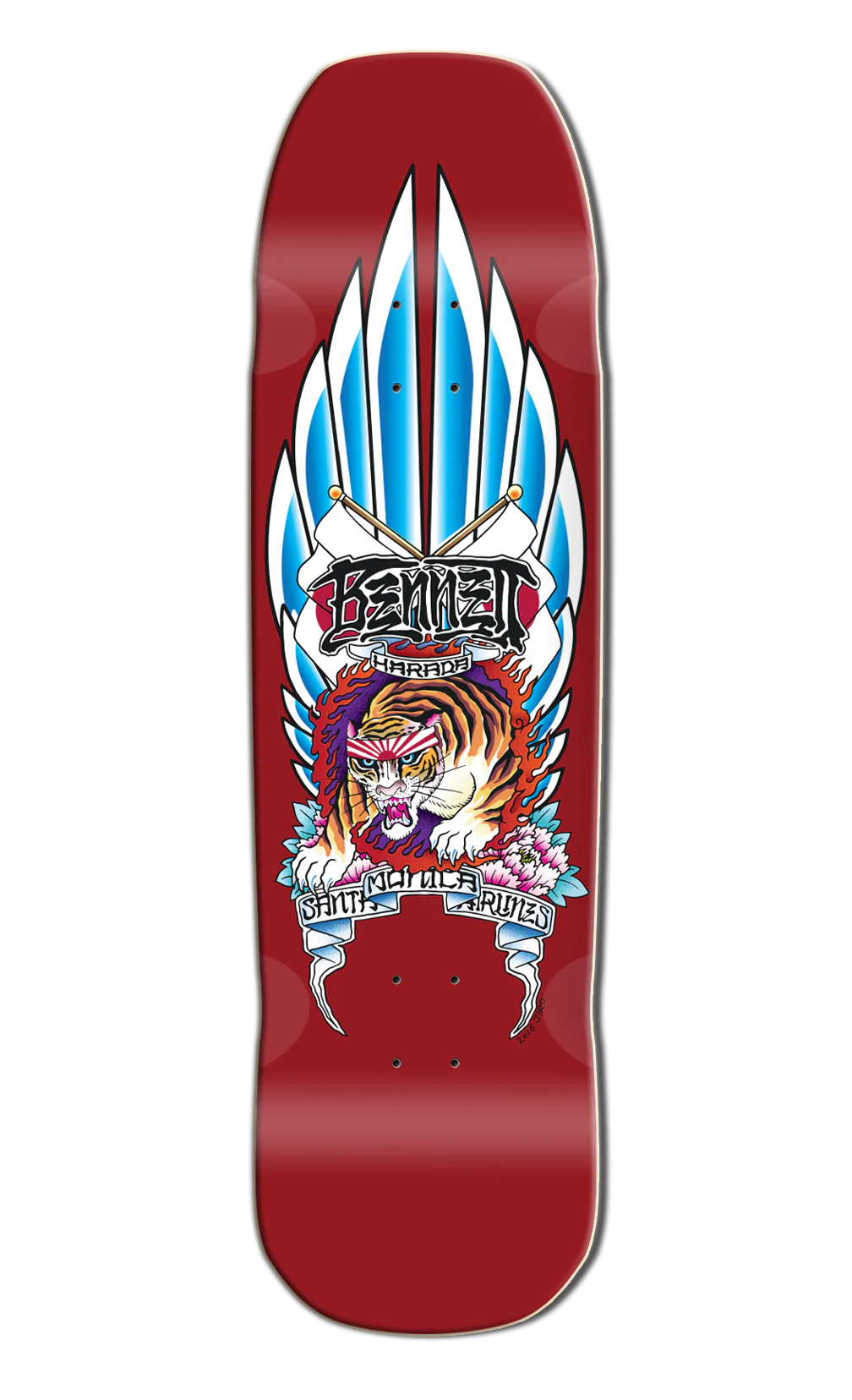Skateboard deck with colorful design featuring a tiger and wings on a red background