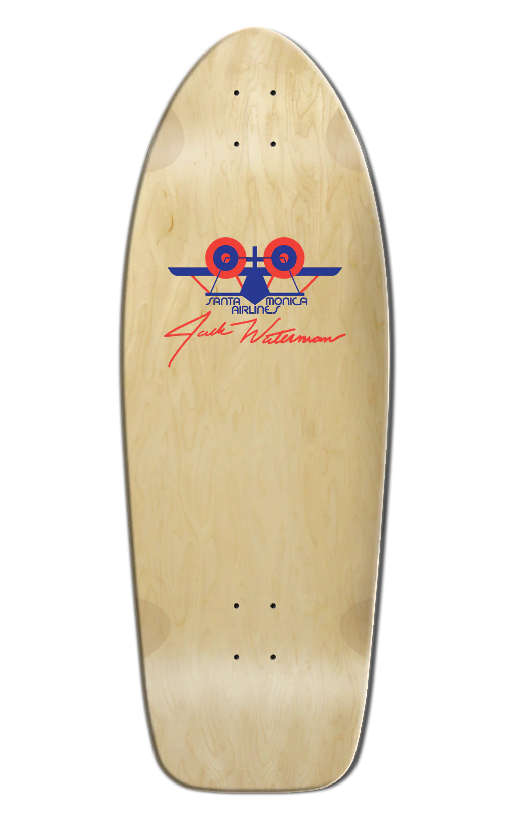 Wooden skateboard deck with a logo and text on a white background