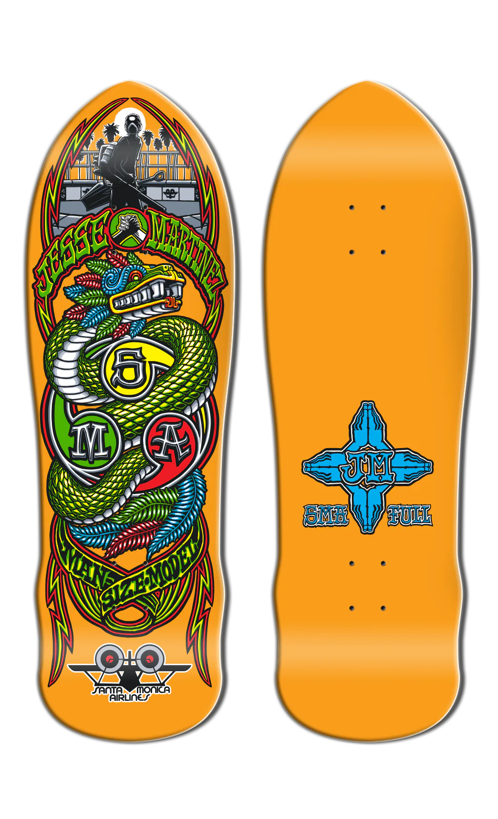 Skateboard deck with colorful snake design and brand logo on orange background